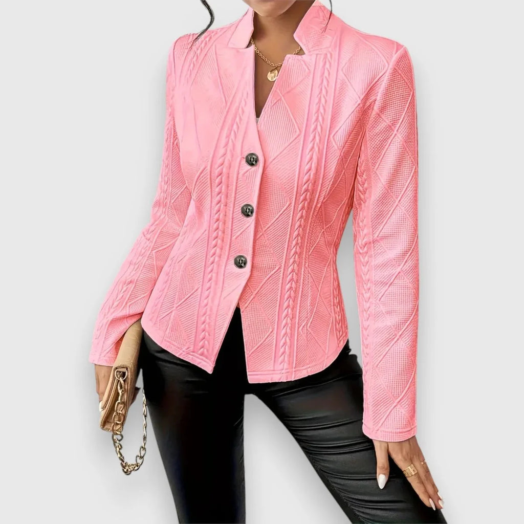 Pink Women's Cable Knit Sweater with Mock Neck & Button-Front Closure — Nadine - Front Notched Collar