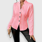 Pink Women's Cable Knit Sweater with Mock Neck & Button-Front Closure — Nadine - Front Notched Collar
