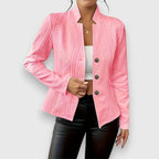 Pink Women's Cable Knit Sweater with Mock Neck & Button-Front Closure — Nadine - Front Stand Collar