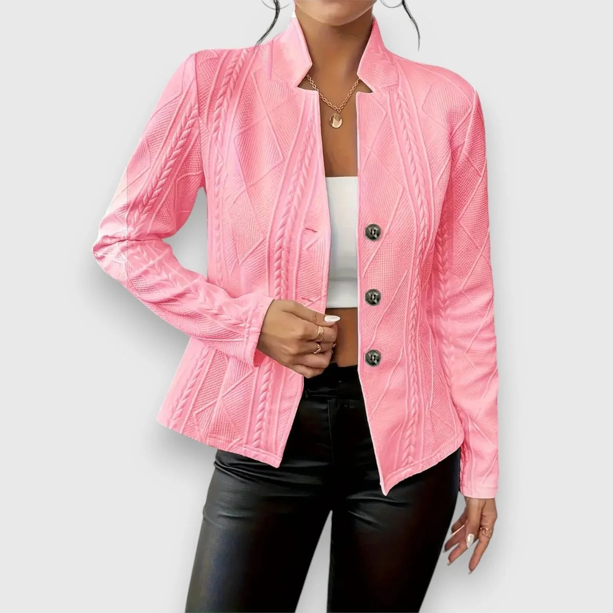 Pink Women's Cable Knit Sweater with Mock Neck & Button-Front Closure — Nadine - Front Stand Collar