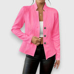 Pink Women's Cable Knit Sweater with Mock Neck & Button-Front Closure