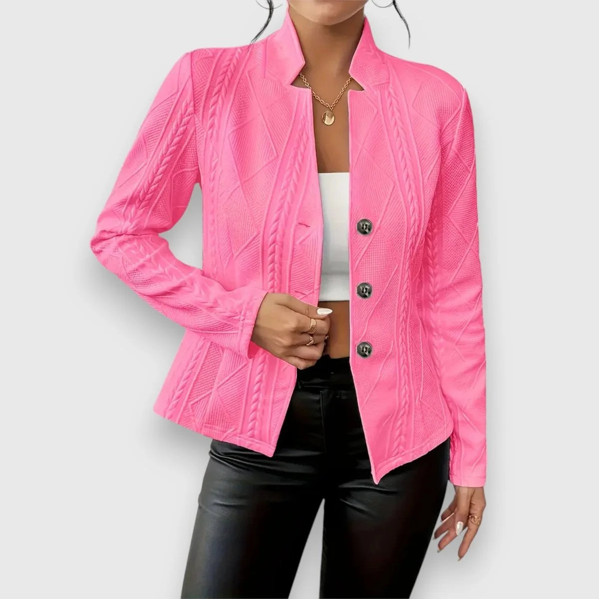 Pink Women's Cable Knit Sweater with Mock Neck & Button-Front Closure