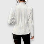 White Women's Cable Knit Sweater with Mock Neck & Button-Front Closure — Nadine - Back Detail