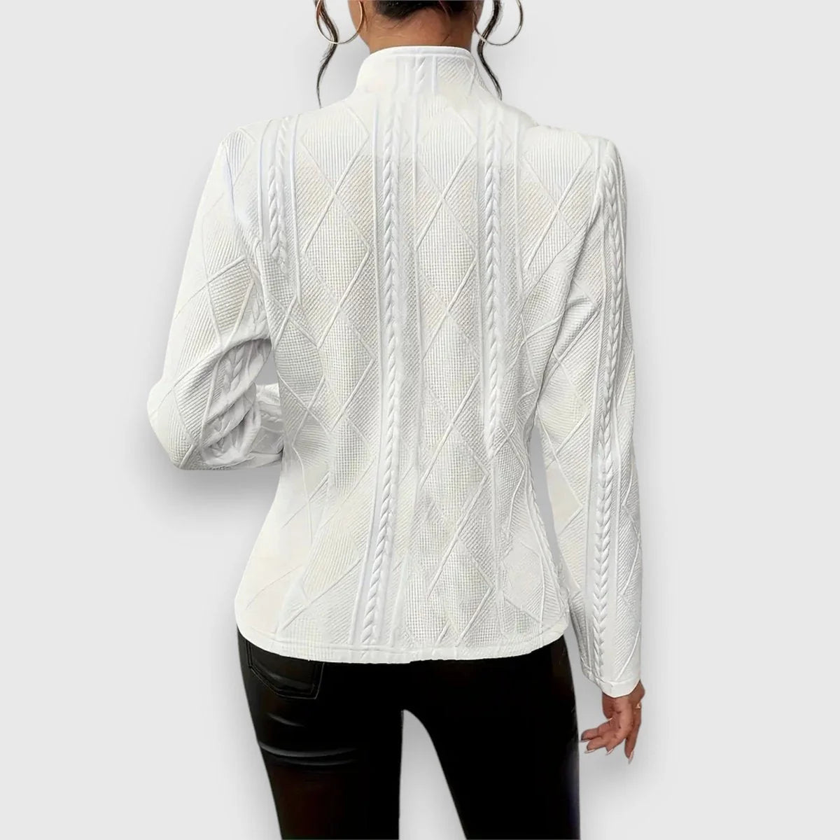 White Women's Cable Knit Sweater with Mock Neck & Button-Front Closure — Nadine - Back Detail