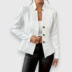 White Women's Cable Knit Sweater with Mock Neck & Button-Front Closure — Nadine - Front Open With Tank