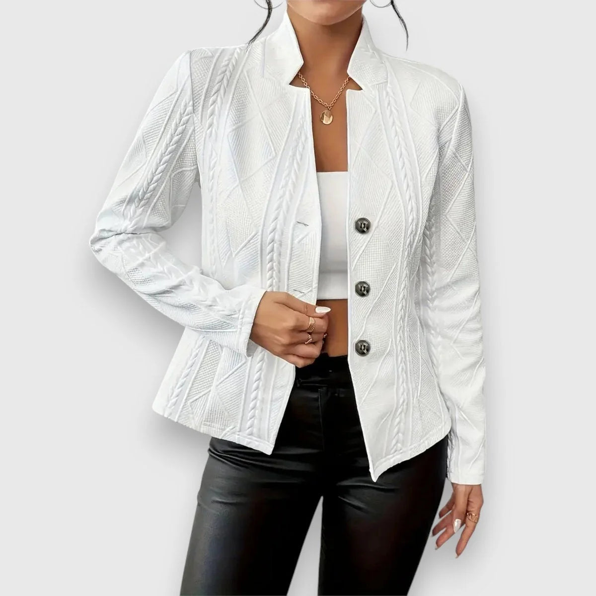 White Women's Cable Knit Sweater with Mock Neck & Button-Front Closure — Nadine - Front Open With Tank