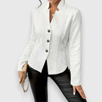 White Women's Cable Knit Sweater with Mock Neck & Button-Front Closure