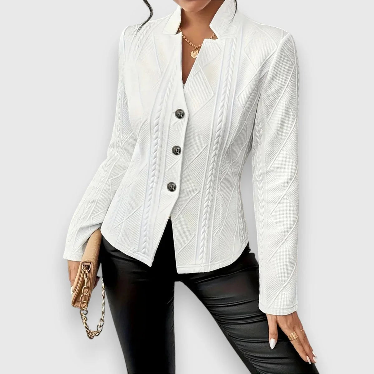 White Women's Cable Knit Sweater with Mock Neck & Button-Front Closure