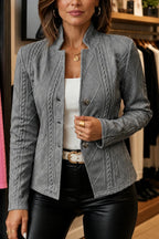 Dark Gray Women's Cable Knit Open Front Blazer with Stand Collar & Button Front - Front Close Studio
