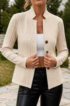 Khaki Women's Cable Knit Open Front Blazer with Stand Collar & Button Front
