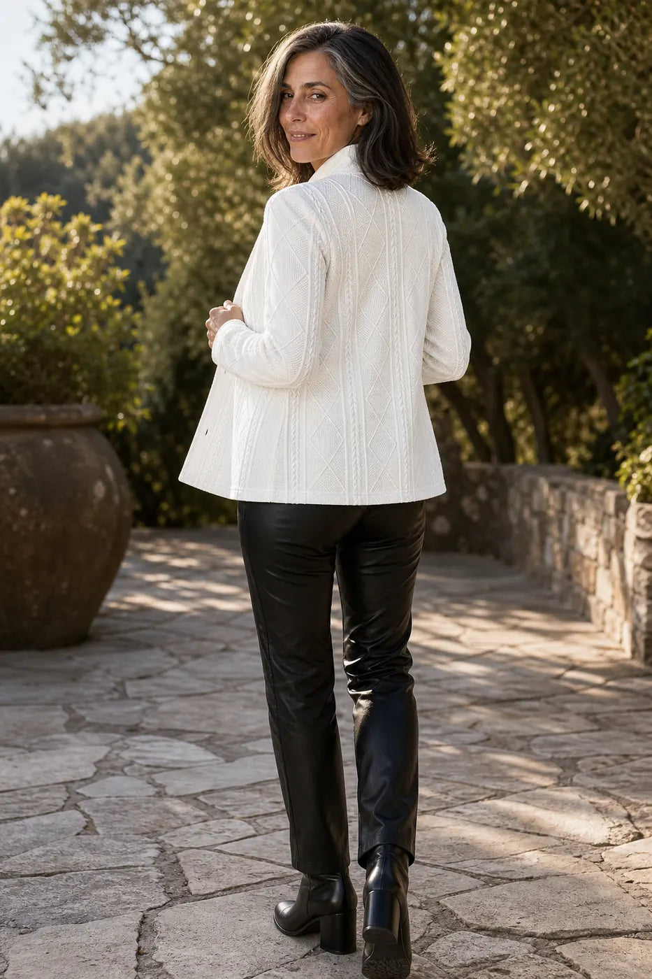 Women's Cable Knit Open Front Blazer with Stand Collar & Button Front - Back Full Walking