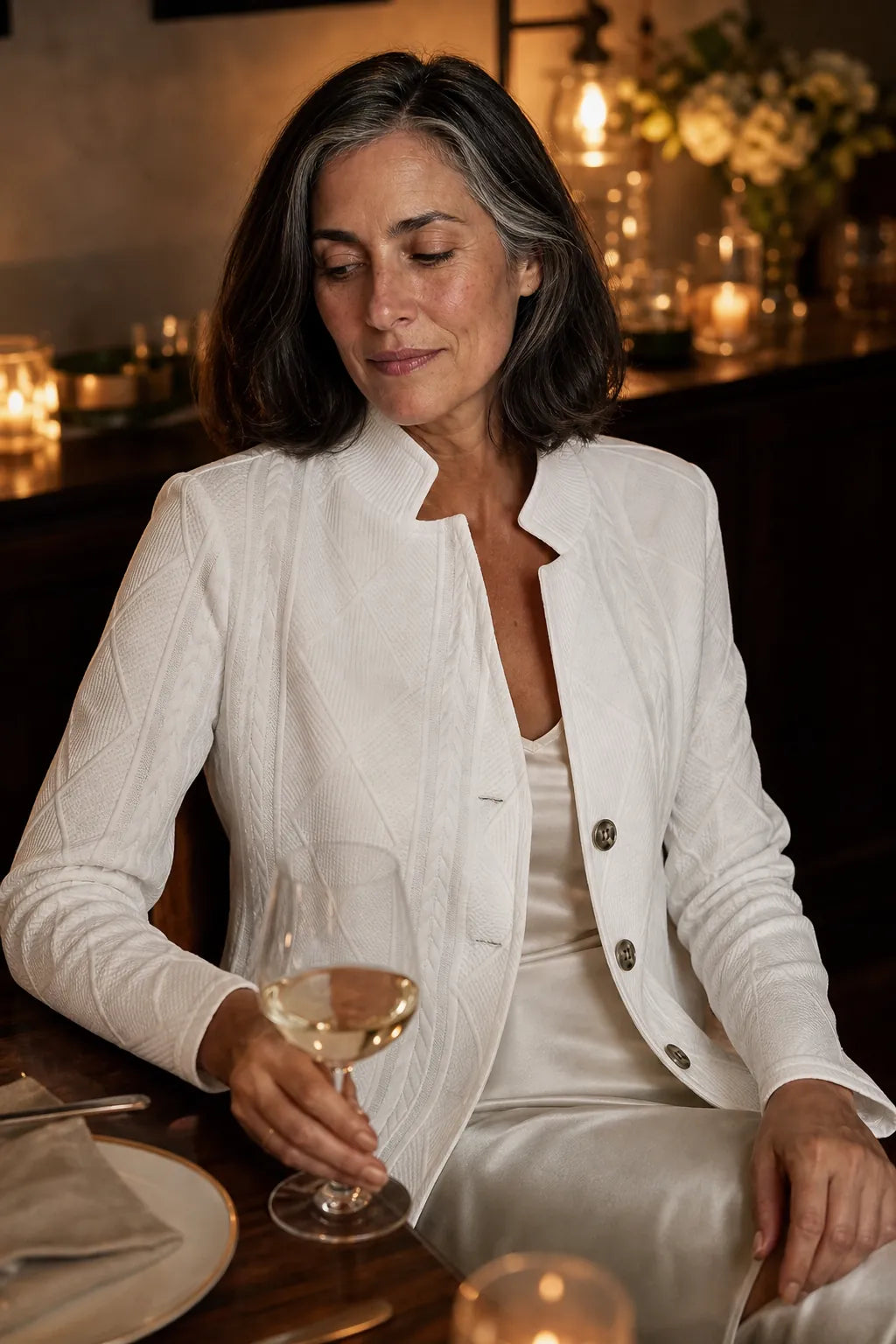 Women's Cable Knit Open Front Blazer with Stand Collar & Button Front - Front Close Seated Dinner