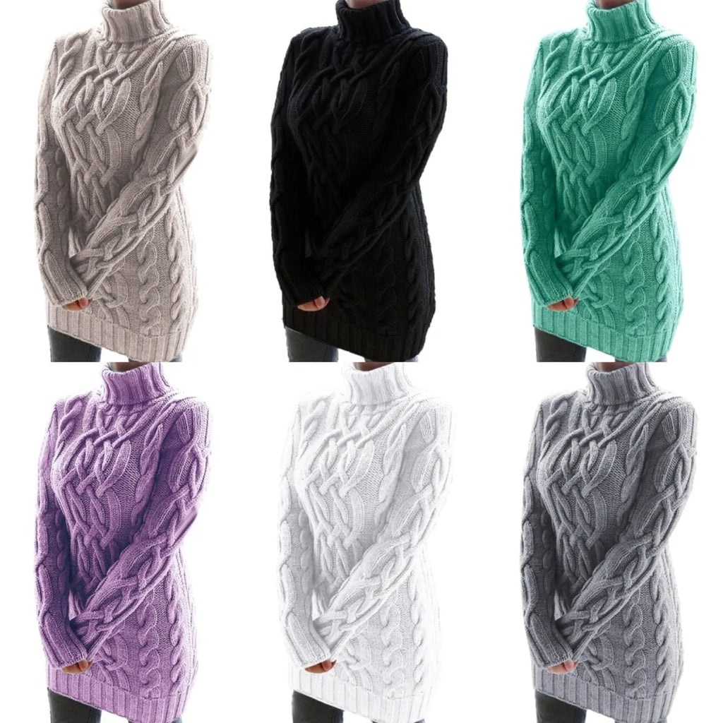 Women's Cable Knit Sweater Dress with Turtleneck & Relaxed Fit - Multi Color Grid