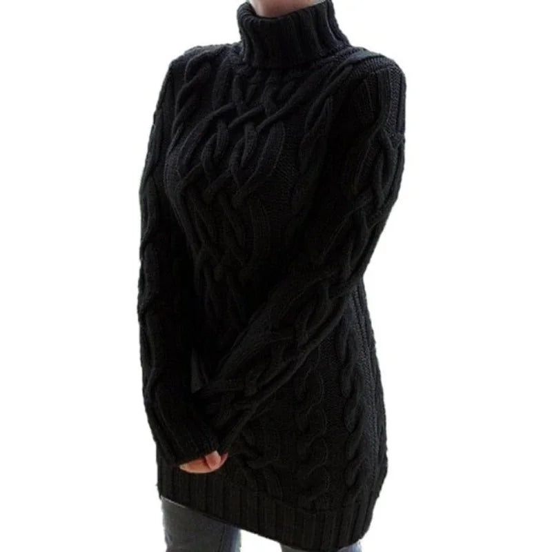 Black Women's Cable Knit Sweater Dress with Turtleneck & Relaxed Fit