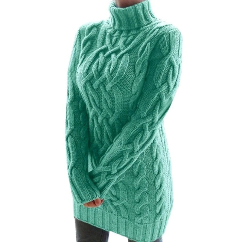 Green Women's Cable Knit Sweater Dress with Turtleneck & Relaxed Fit