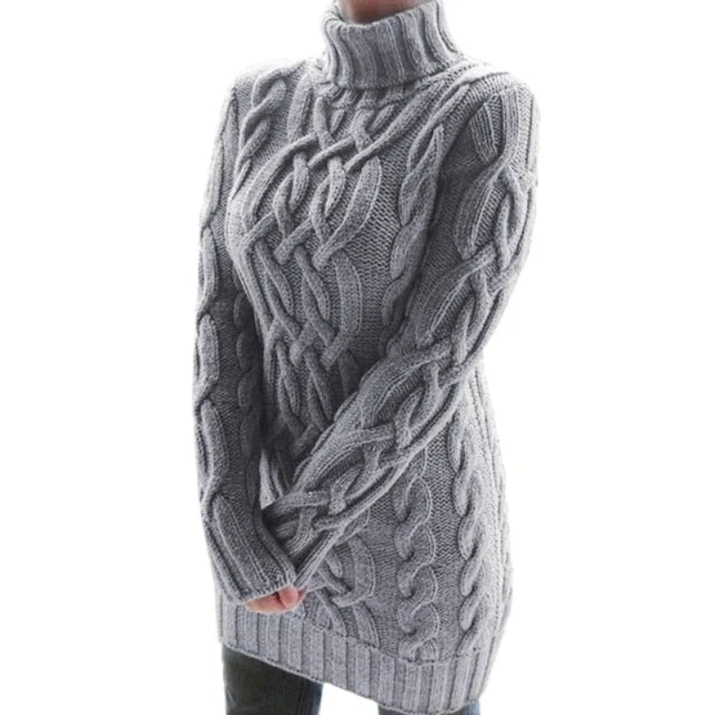 Grey Women's Cable Knit Sweater Dress with Turtleneck & Relaxed Fit