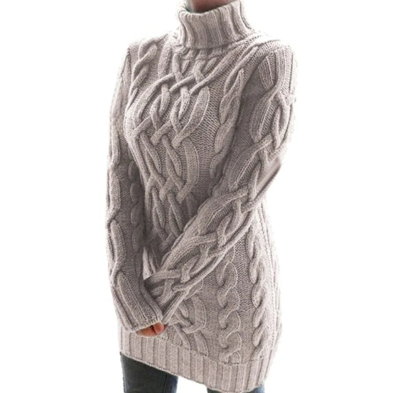 Khaki Women's Cable Knit Sweater Dress with Turtleneck & Relaxed Fit