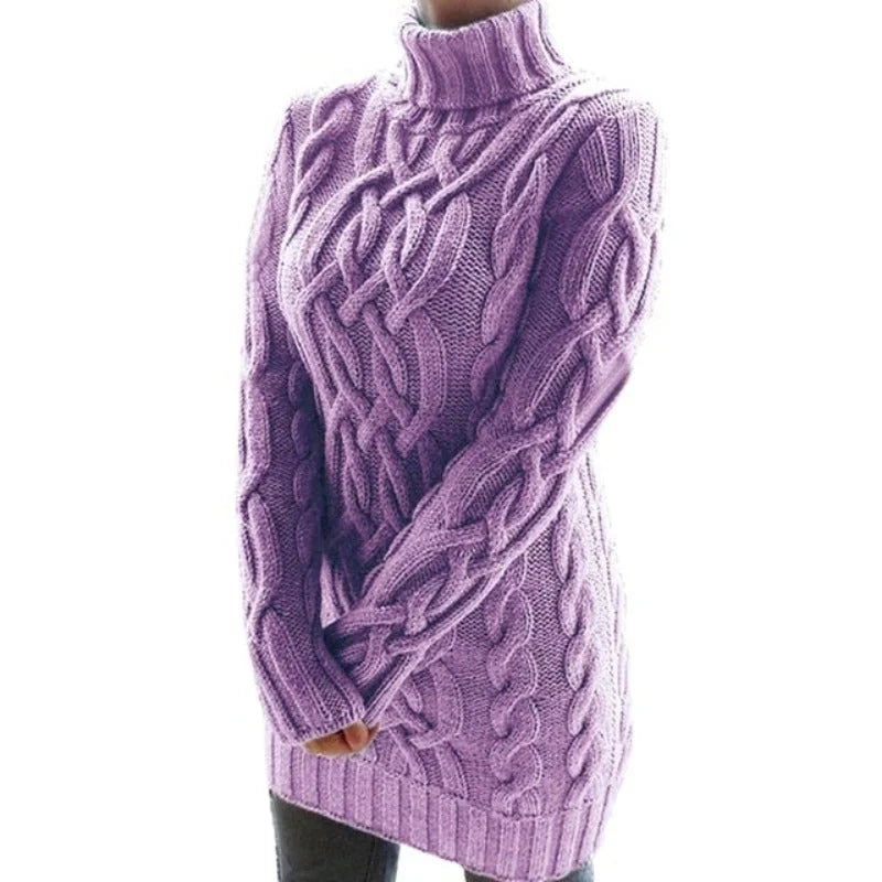 Purple Women's Cable Knit Sweater Dress with Turtleneck & Relaxed Fit