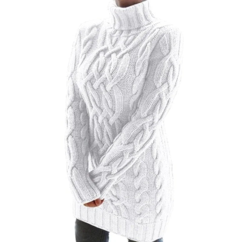 White Women's Cable Knit Sweater Dress with Turtleneck & Relaxed Fit