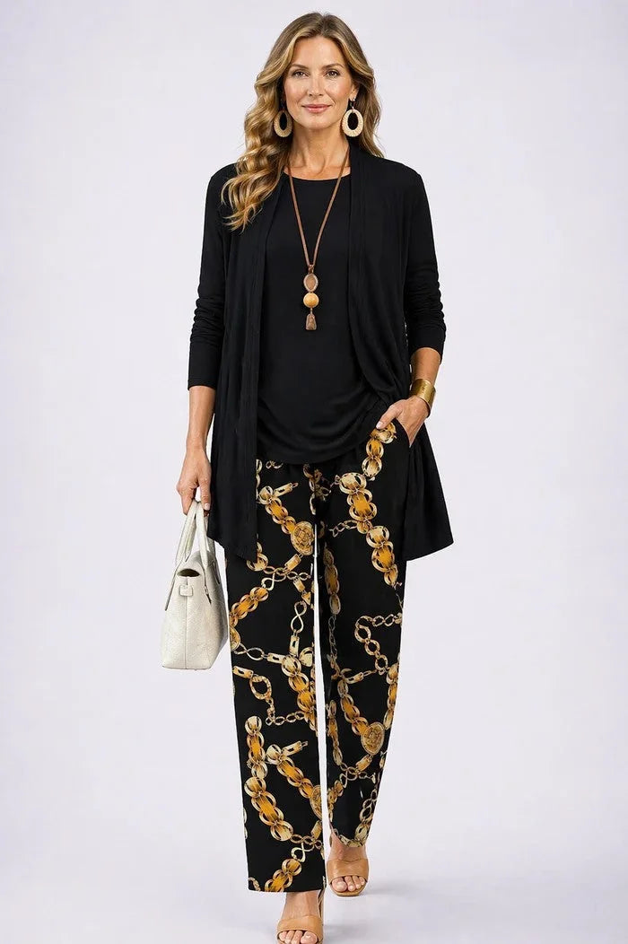 Black Women's Cardigan Pants Set with Relaxed Wide-Leg Fit & Elastic Waist