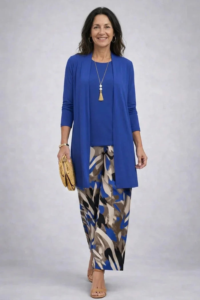 Blue Women's Cardigan Pants Set with Relaxed Wide-Leg Fit & Elastic Waist - Front Walking