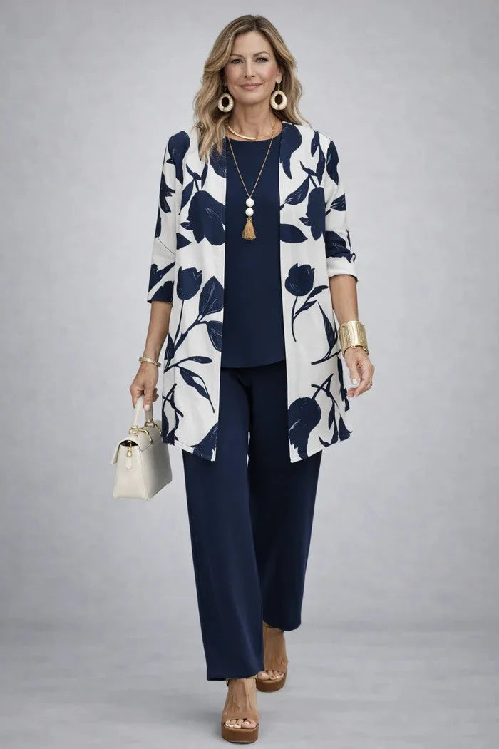Blue White Women's Cardigan Pants Set with Relaxed Wide-Leg Fit & Elastic Waist - Front Walking Stance