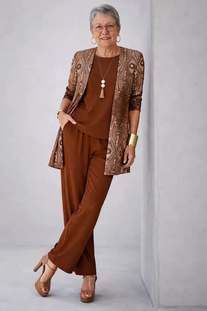 Brown Women's Cardigan Pants Set with Relaxed Wide-Leg Fit & Elastic Waist