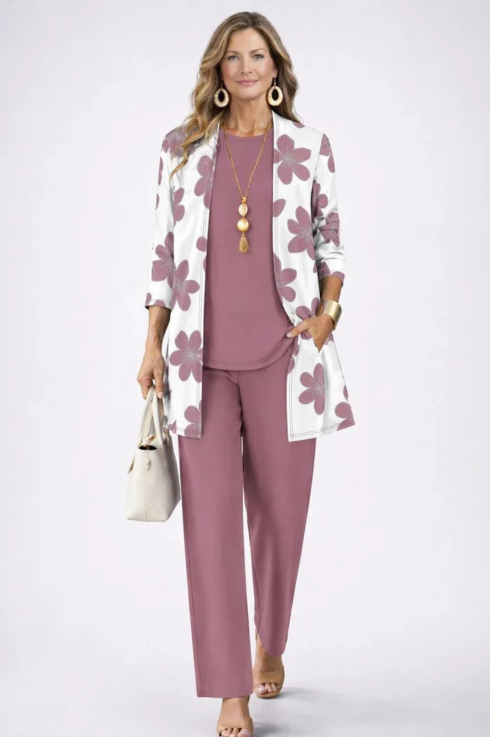 Dusty Pink Women's Cardigan Pants Set with Relaxed Wide-Leg Fit & Elastic Waist - Front Smiling Pose