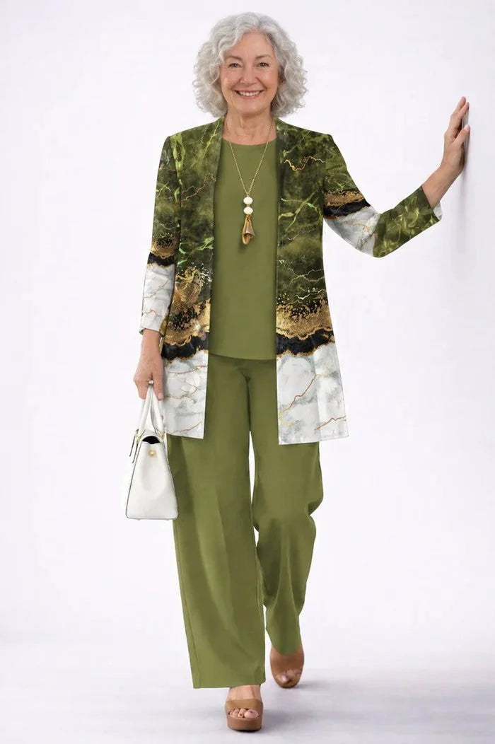 Olive Green Women's Cardigan Pants Set with Relaxed Wide-Leg Fit & Elastic Waist - Front Leaning Pose
