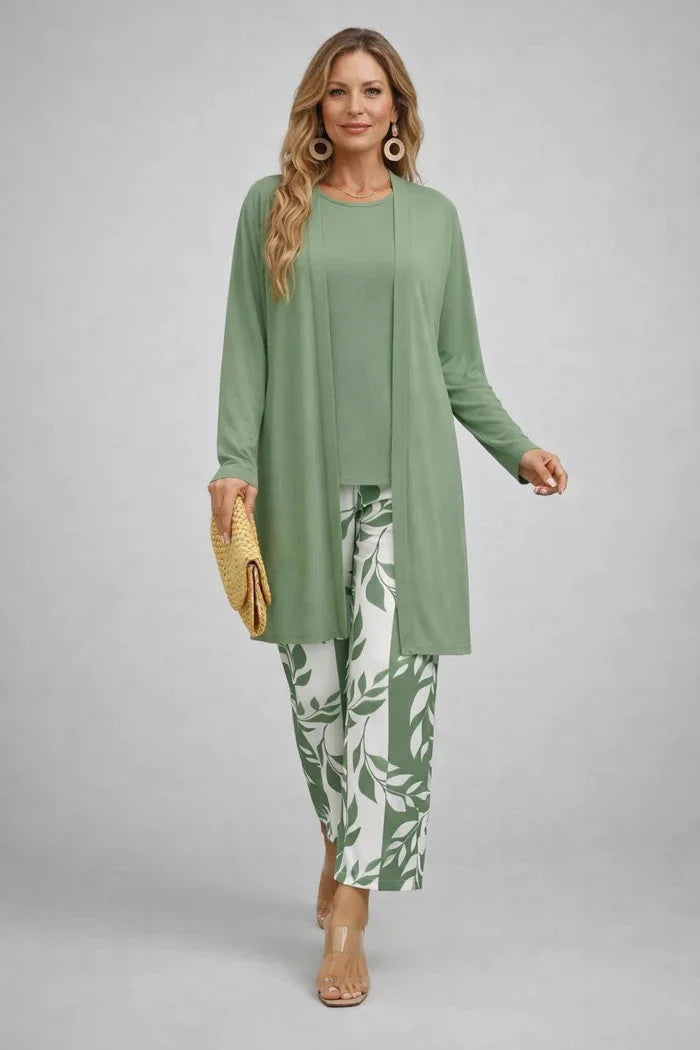 Green White Women's Cardigan Pants Set with Relaxed Wide-Leg Fit & Elastic Waist - Front Pose