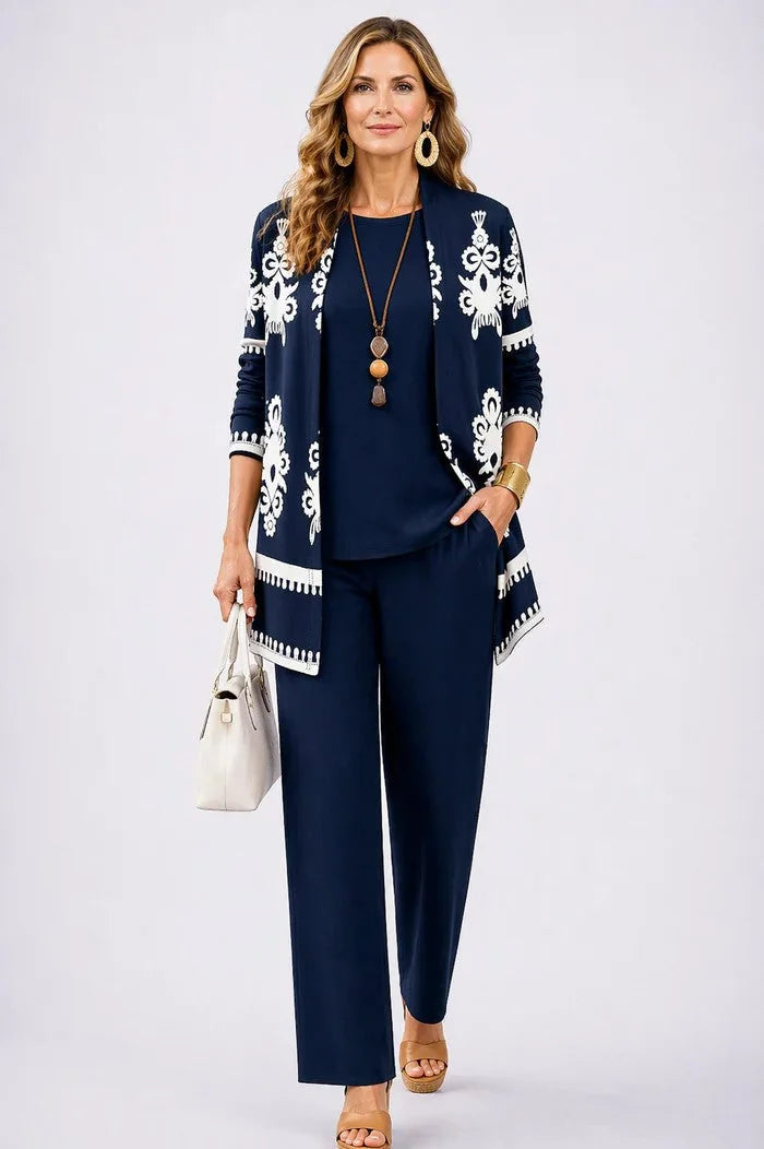 Navy Blue Women's Cardigan Pants Set with Relaxed Wide-Leg Fit & Elastic Waist - Front Full Stance