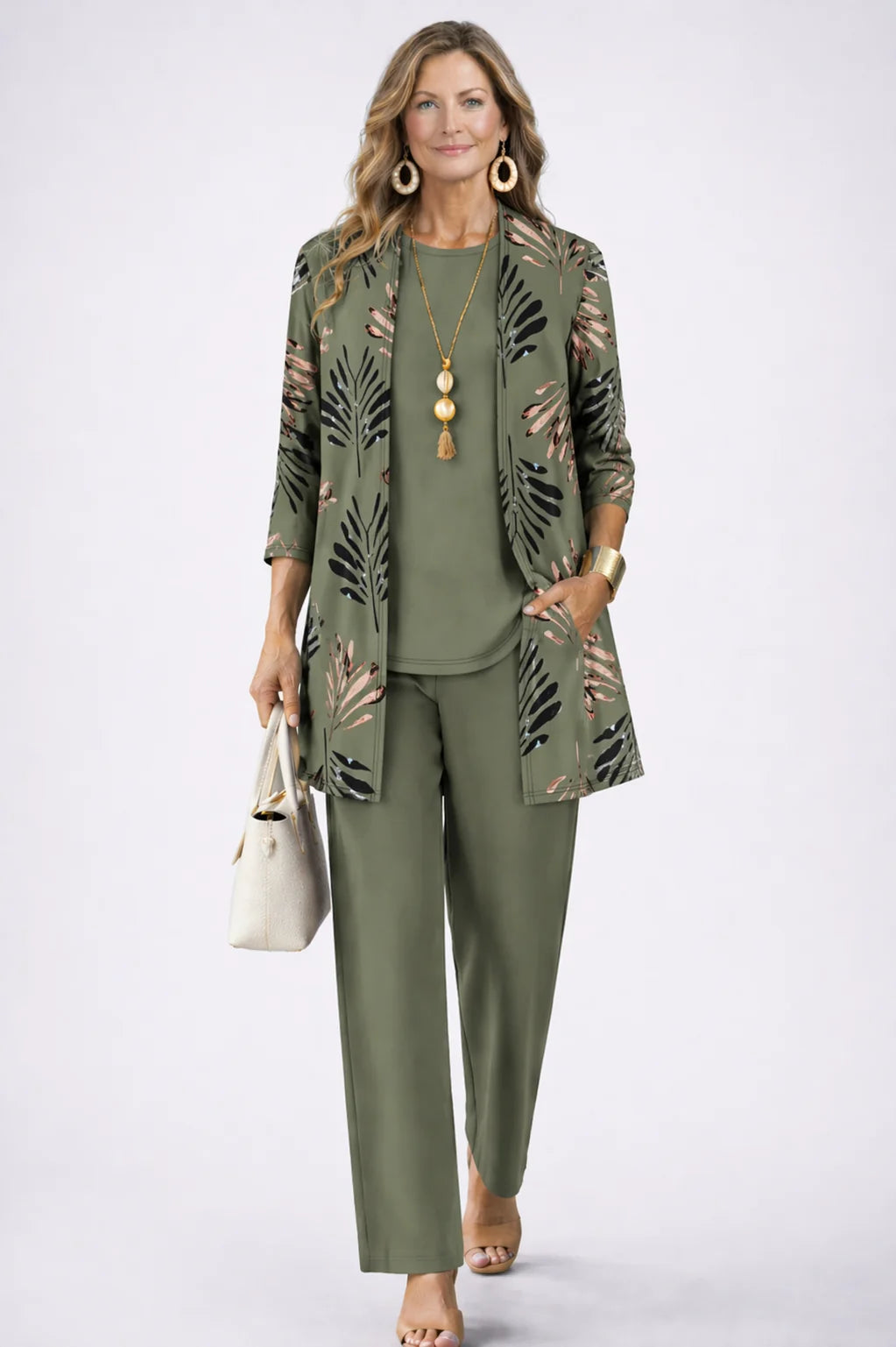 Green Women's Cardigan Pants Set with Relaxed Wide-Leg Fit & Elastic Waist - Front Full