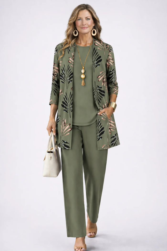 Green Women's Cardigan Pants Set with Relaxed Wide-Leg Fit & Elastic Waist - Front Full