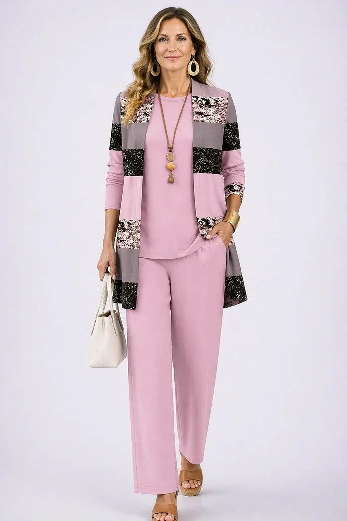 Pink Women's Cardigan Pants Set with Relaxed Wide-Leg Fit & Elastic Waist - Front Standing