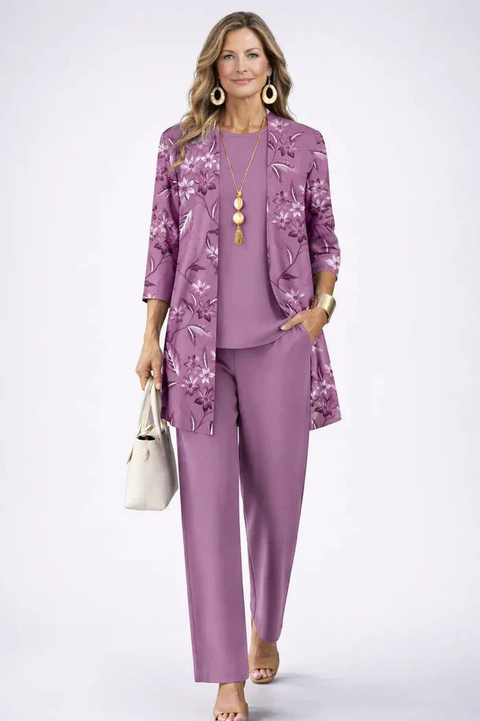 Purple Women's Cardigan Pants Set with Relaxed Wide-Leg Fit & Elastic Waist