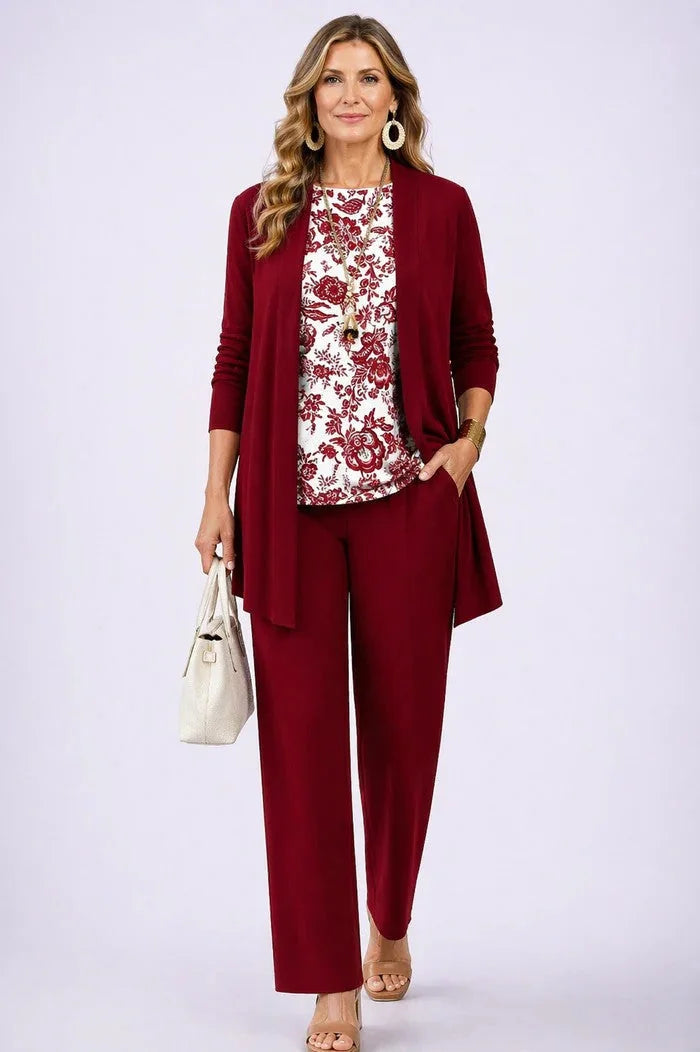 White Red Women's Cardigan Pants Set with Relaxed Wide-Leg Fit & Elastic Waist - Front Walking Pose