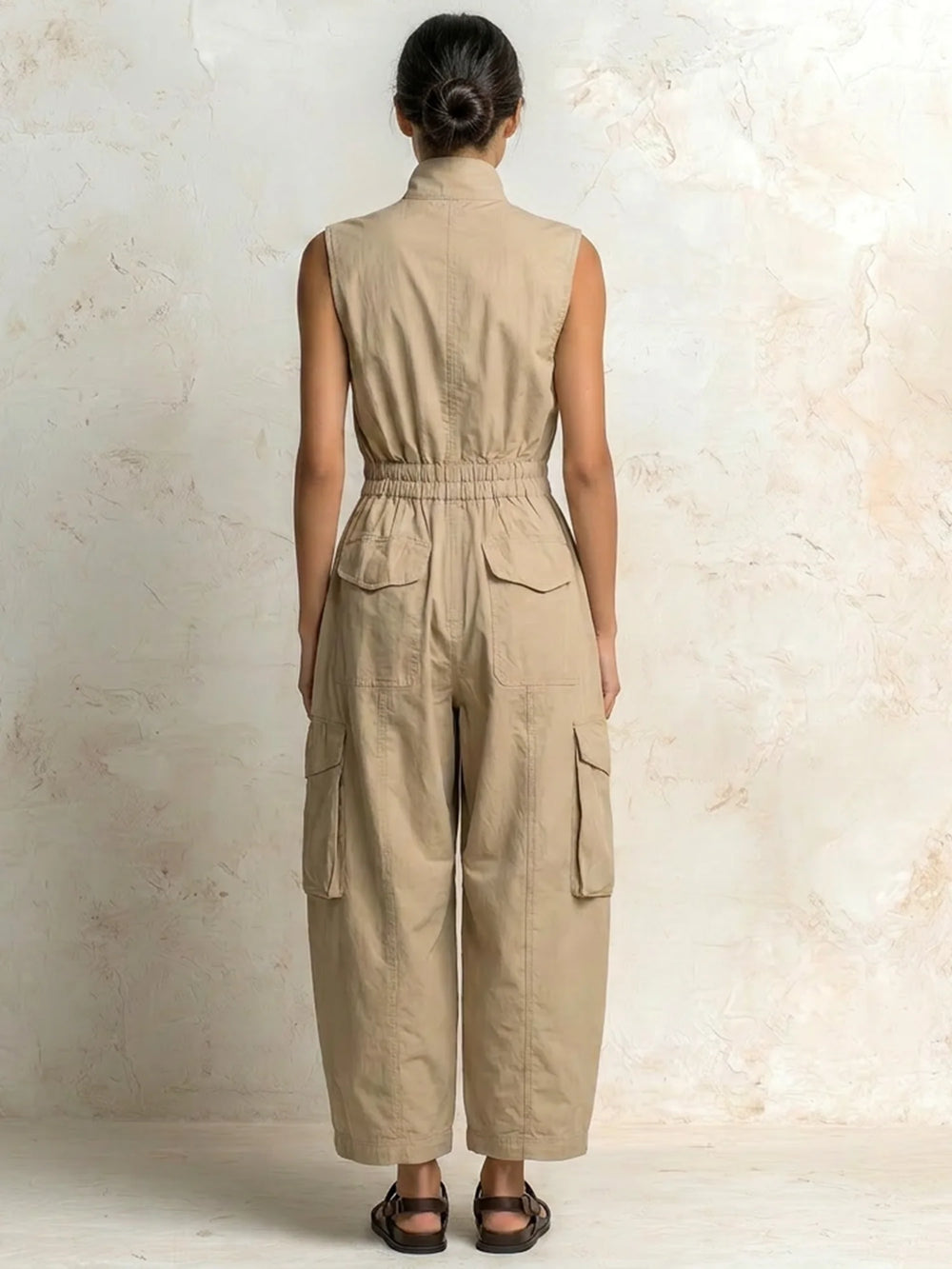 Beige Women's Cargo Jumpsuit in Cotton with Wide-Leg Silhouette — Raina - Front Closeup