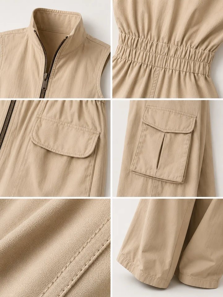 Beige Women's Cargo Jumpsuit in Cotton with Wide-Leg Silhouette — Raina - Outdoor Walking