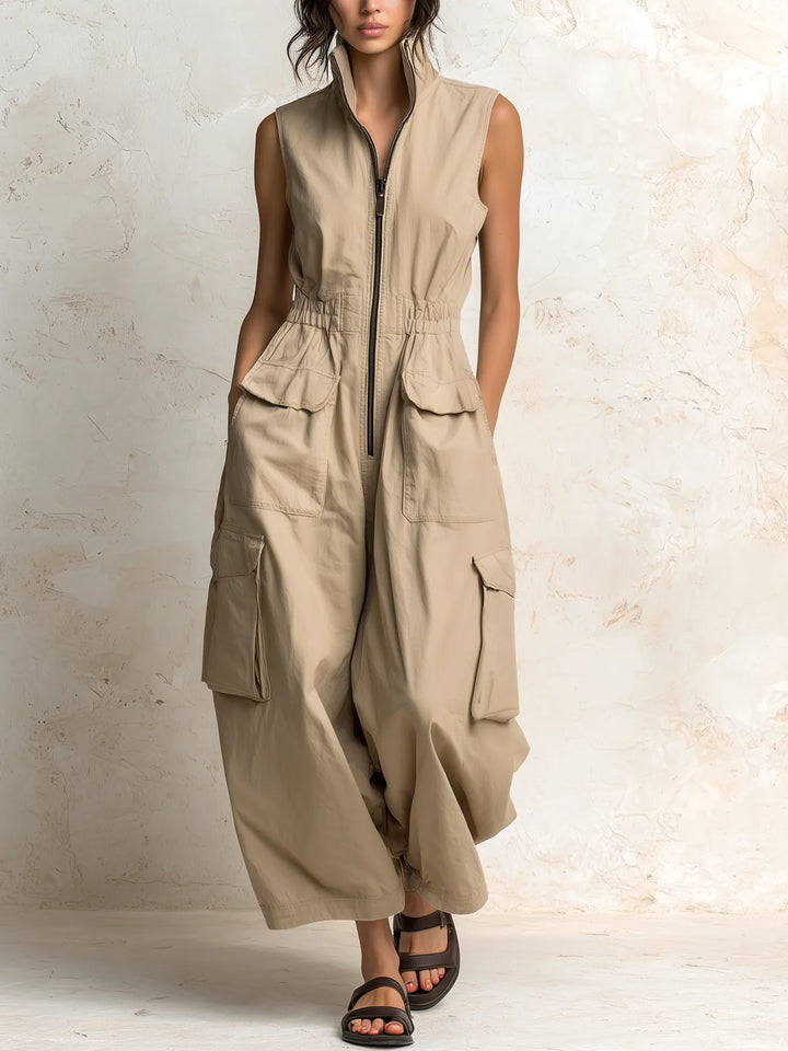 Beige Women's Cargo Jumpsuit in Cotton with Wide-Leg Silhouette — Raina