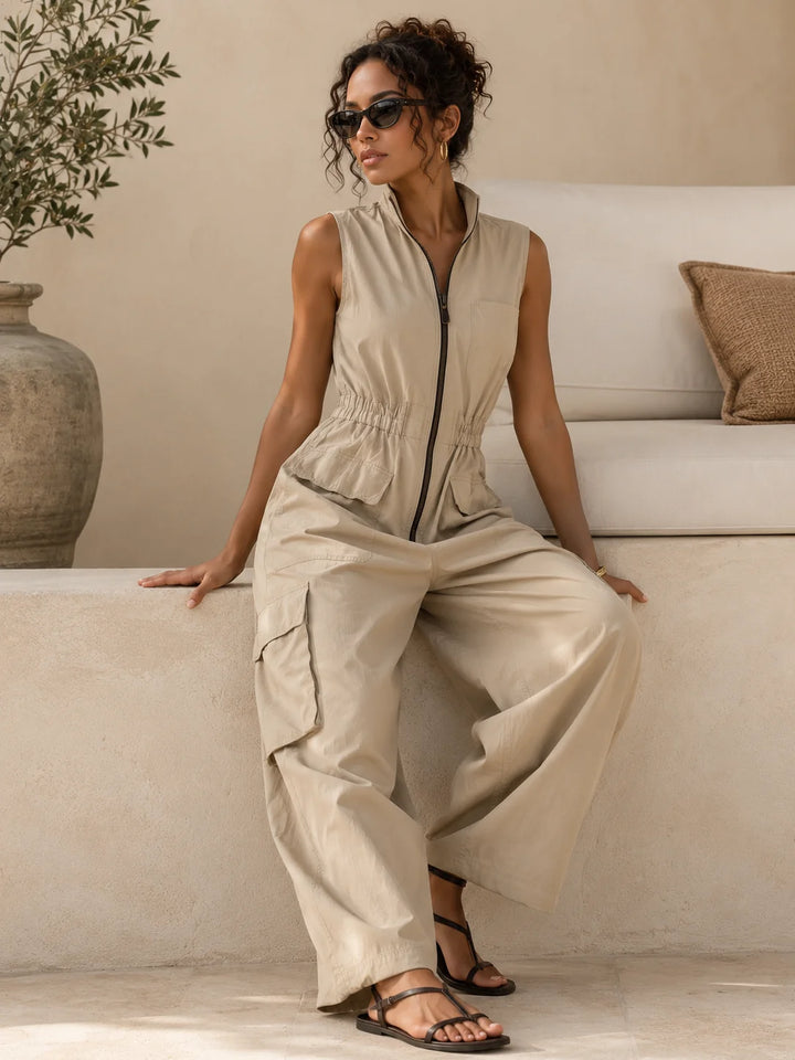 Brown Women's Cargo Jumpsuit in Cotton with Wide-Leg Silhouette — Raina - Front Pose