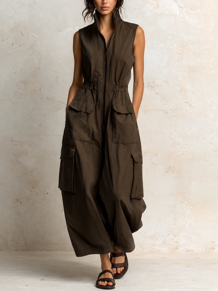 Brown Women's Cargo Jumpsuit in Cotton with Wide-Leg Silhouette — Raina