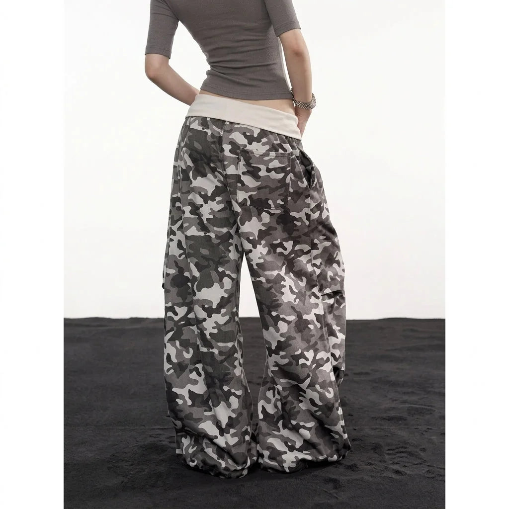 Women's Camo Cargo Pants with Rhinestone Detail & Drawstring Waist - Green Back Pocket Detail