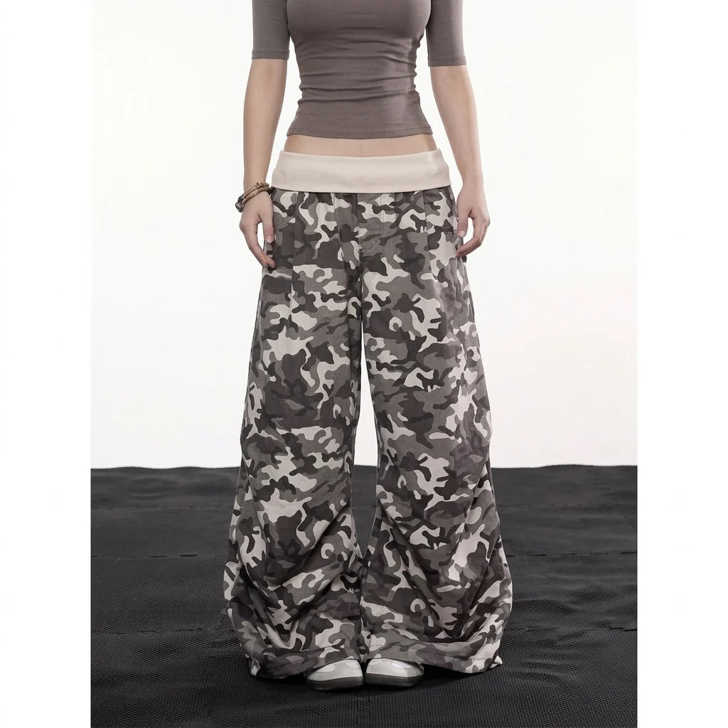 Women's Camo Cargo Pants with Rhinestone Detail & Drawstring Waist - Green Front Full View