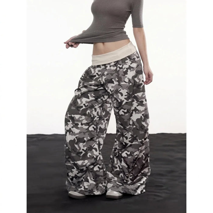 Army Green Women's Camo Cargo Pants with Rhinestone Detail & Drawstring Waist