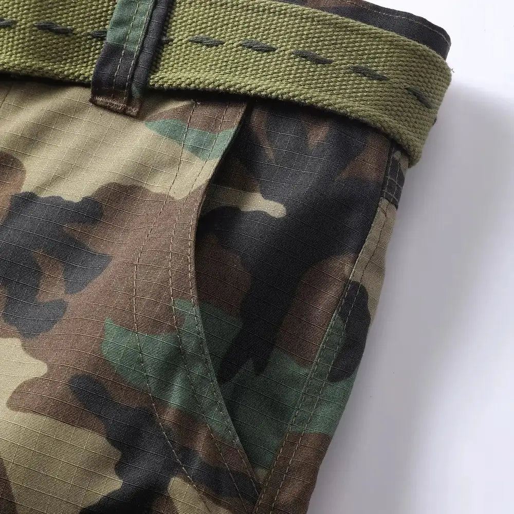 Women's Camo Cargo Pants with Multiple Pockets & Adjustable Hem - Close Up Fly Detail