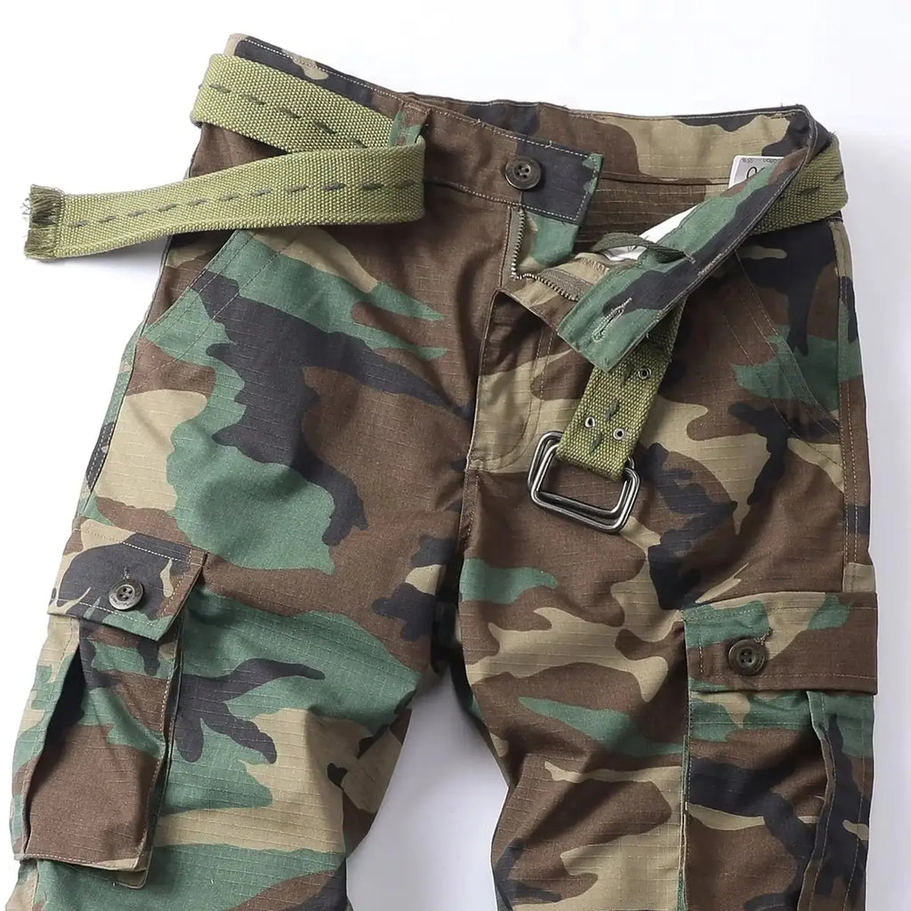 Women's Camo Cargo Pants with Multiple Pockets & Adjustable Hem - Close Up Waist Belt