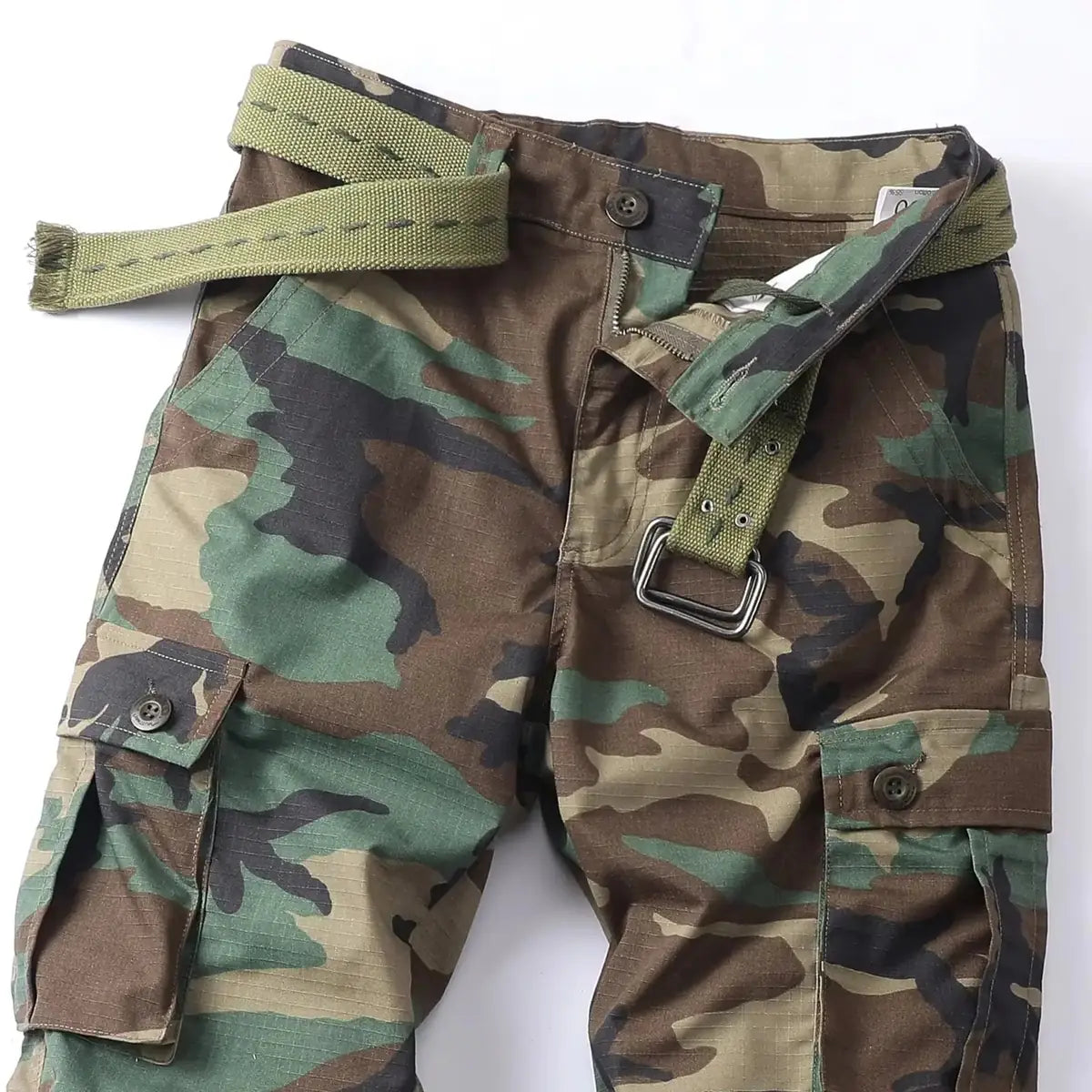 Women's Camo Cargo Pants with Multiple Pockets & Adjustable Hem - Close Up Waist Belt