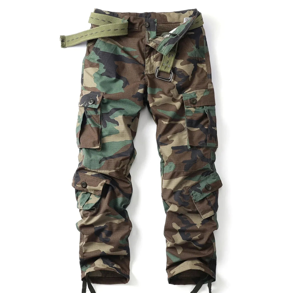 Green Women's Camo Cargo Pants with Multiple Pockets & Adjustable Hem