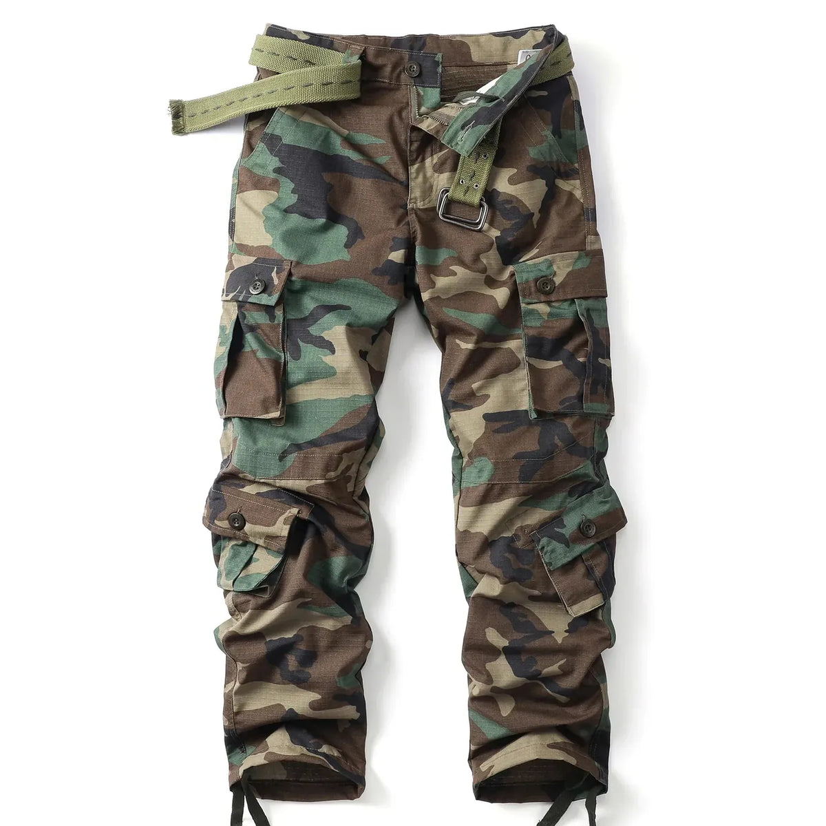 Green Women's Camo Cargo Pants with Multiple Pockets & Adjustable Hem