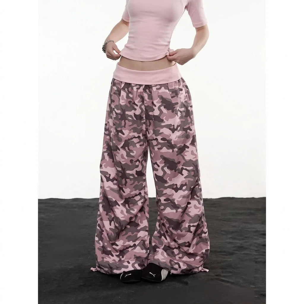 Women's Camo Cargo Pants with Rhinestone Detail & Drawstring Waist - Front Full Pose